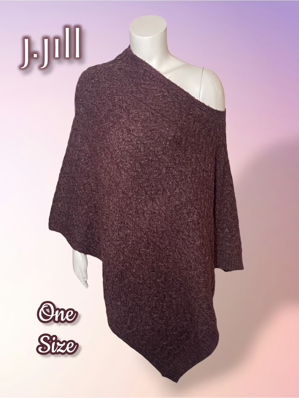 J. Jill Asymmetric Cable Knit Poncho Sweater Rum Raisin Plum Heather - One Size